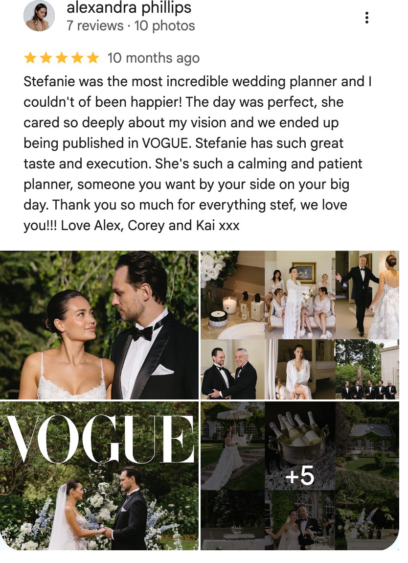 Google review from Alexandra Phillips, five stars: the day was perfect and we ended up being published in Vogue
