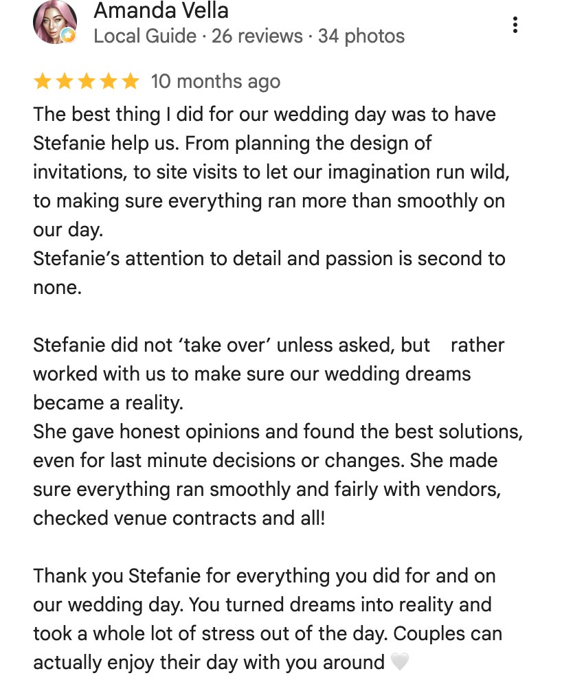 Google review from Amanda Vella, five stars: the best thing I did for our wedding day was to have Stefanie help us